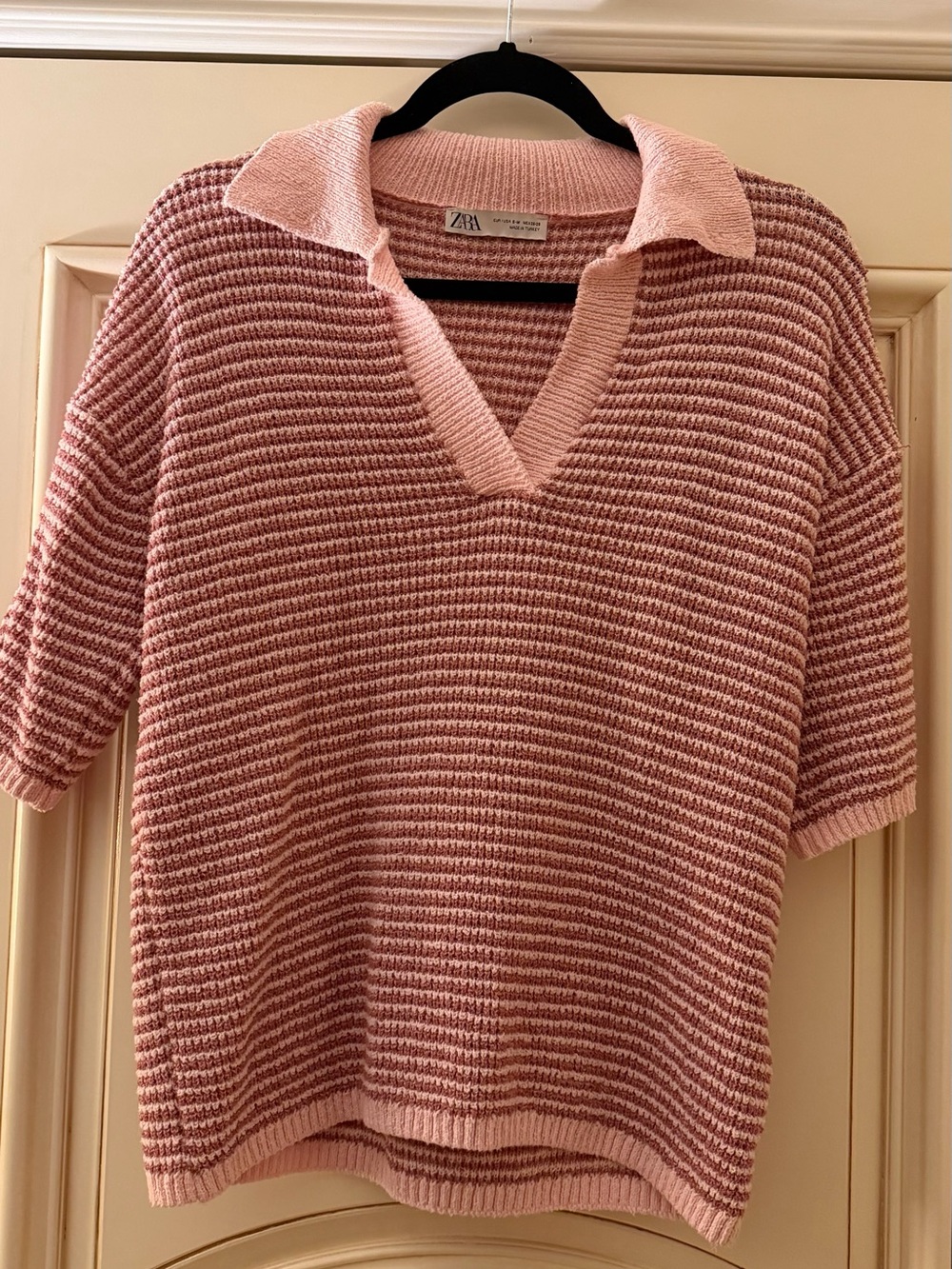 Zara Rose-Striped Collared V-Neck Sweater